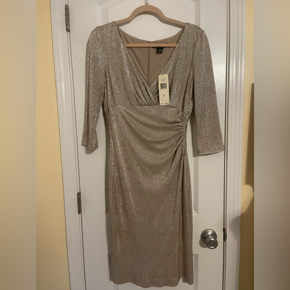 Lauren Ralph Lauren gold/platinum metallic rouched stretch dress size 8